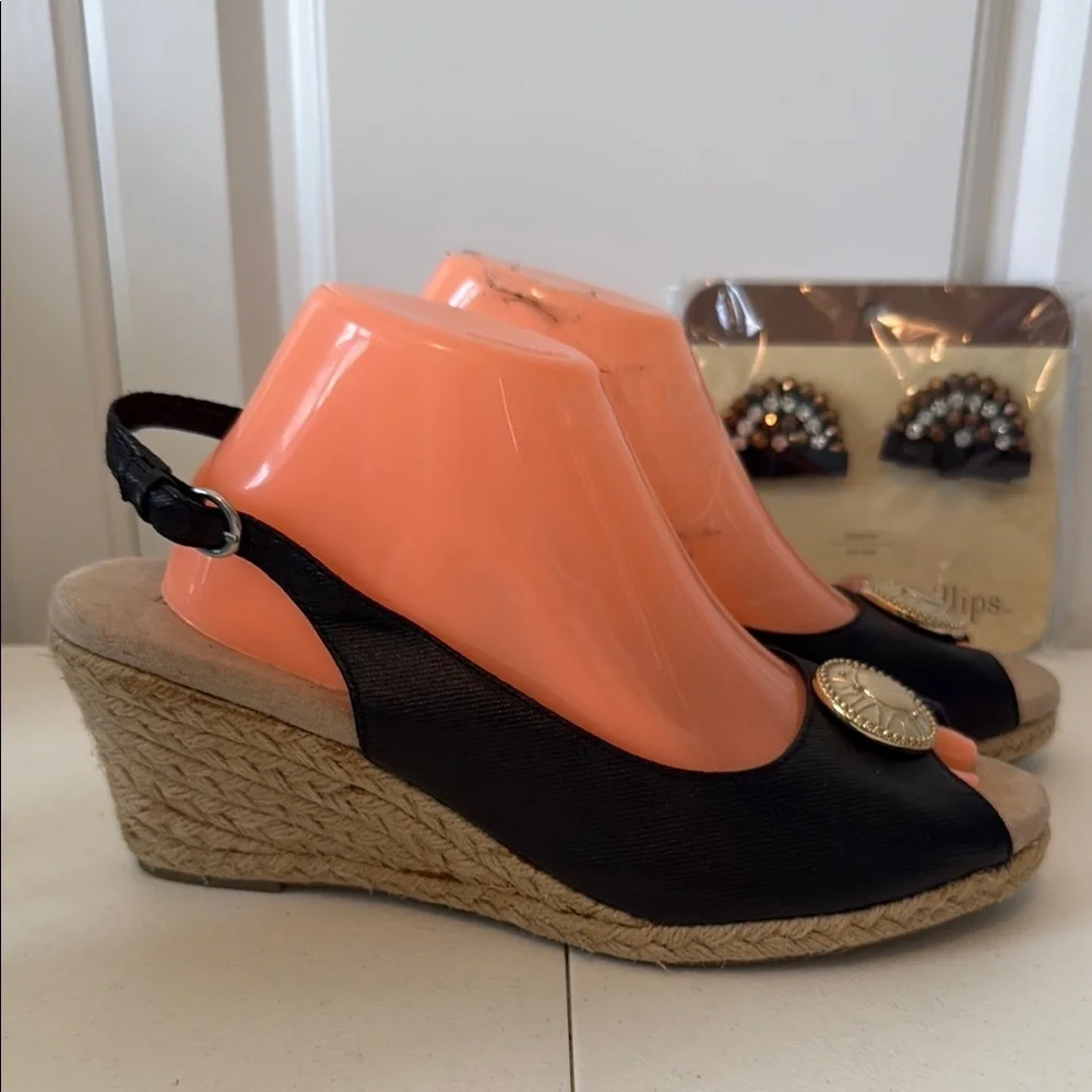 *Lindsay Phillips Black Espadrille Wedges with Peep-Toe & New package of snaps